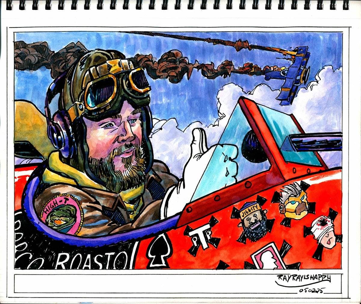Ethan Van Sciver drawn as a World War One flying ace, goggles up, in the cockpit of a red biplane with kill marks painted along the fuselage and an enemy machine going down trailing smoke behind him