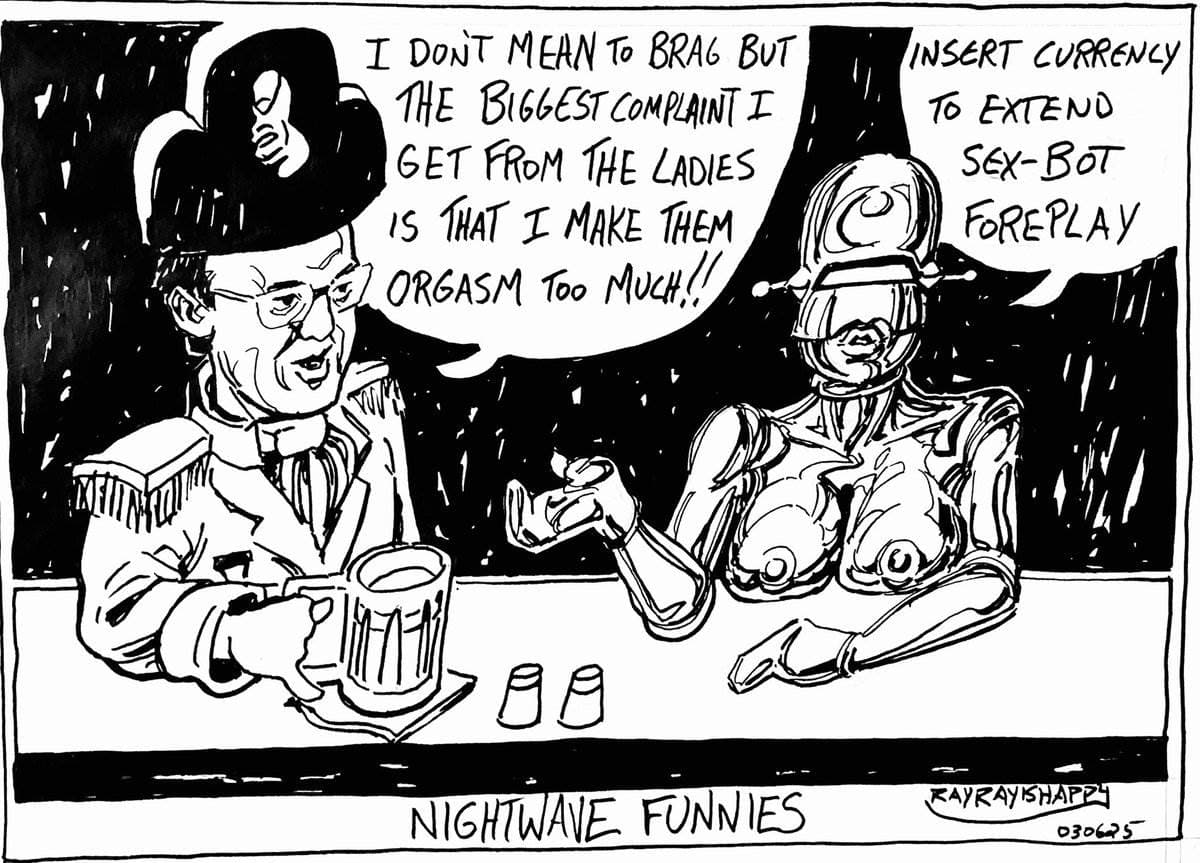 Cartoons, Nightwave Radio, Aaron Imholte — ink cartoon by Ray Patrick