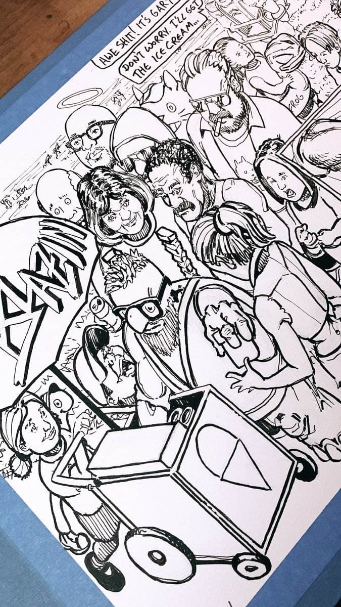 Crowd scene in ink