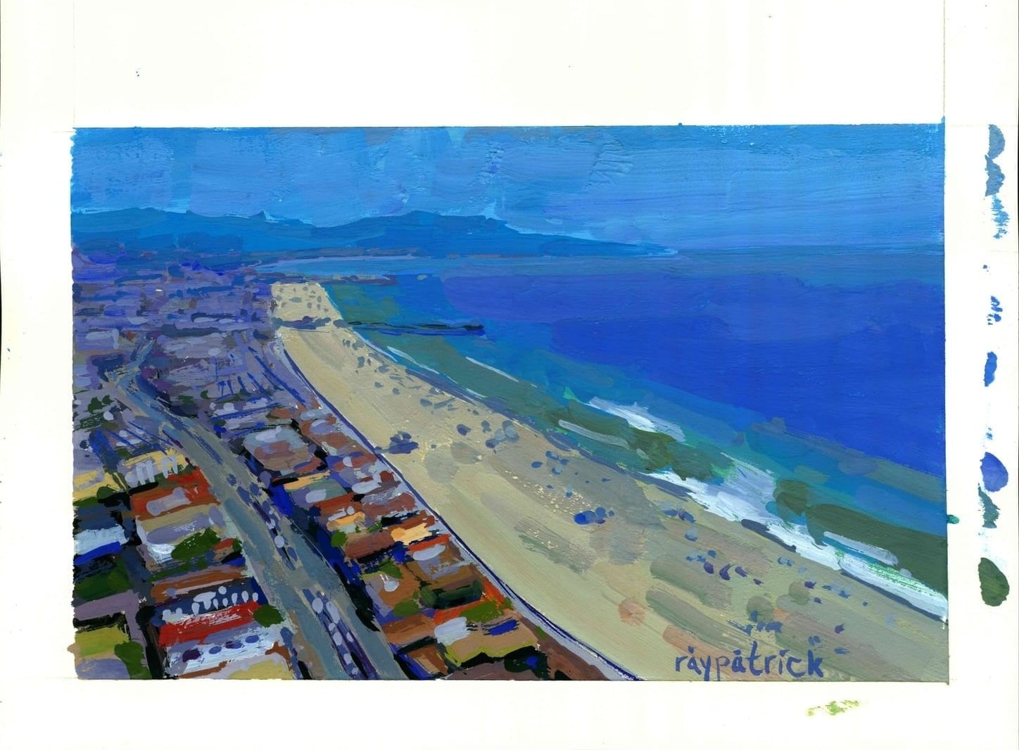 A long beach seen from high above the town, 2026 — gouache painting by Ray Patrick