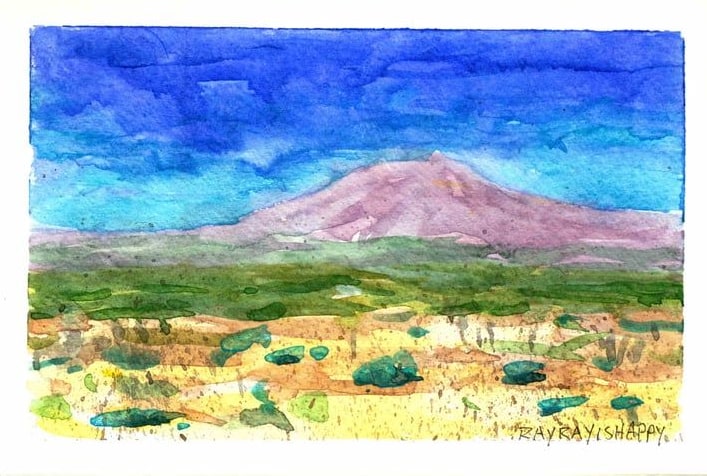 A single broad mountain across a desert plain, 2026 — watercolor painting by Ray Patrick