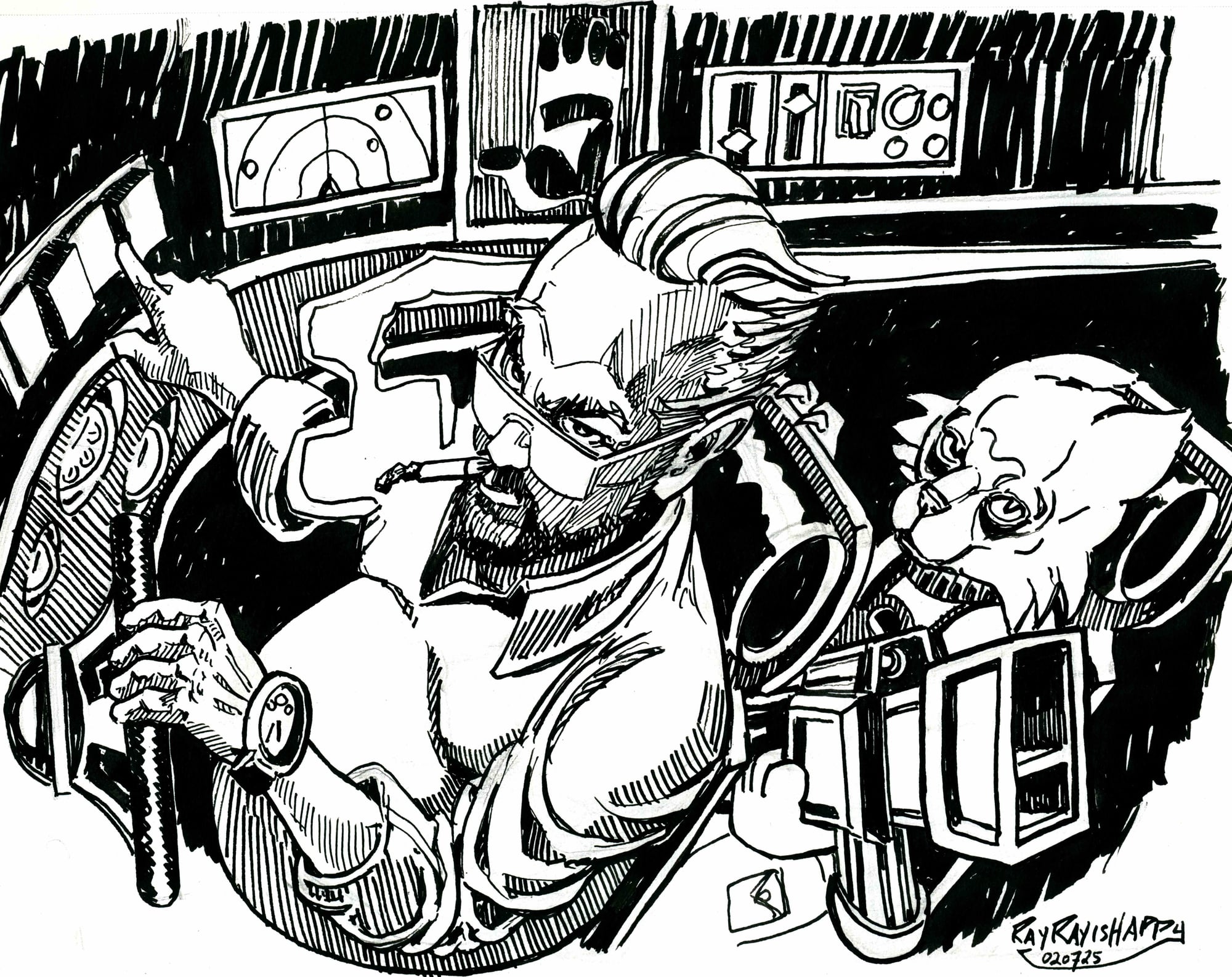 At the controls, 2026 — ink cartoon by Ray Patrick