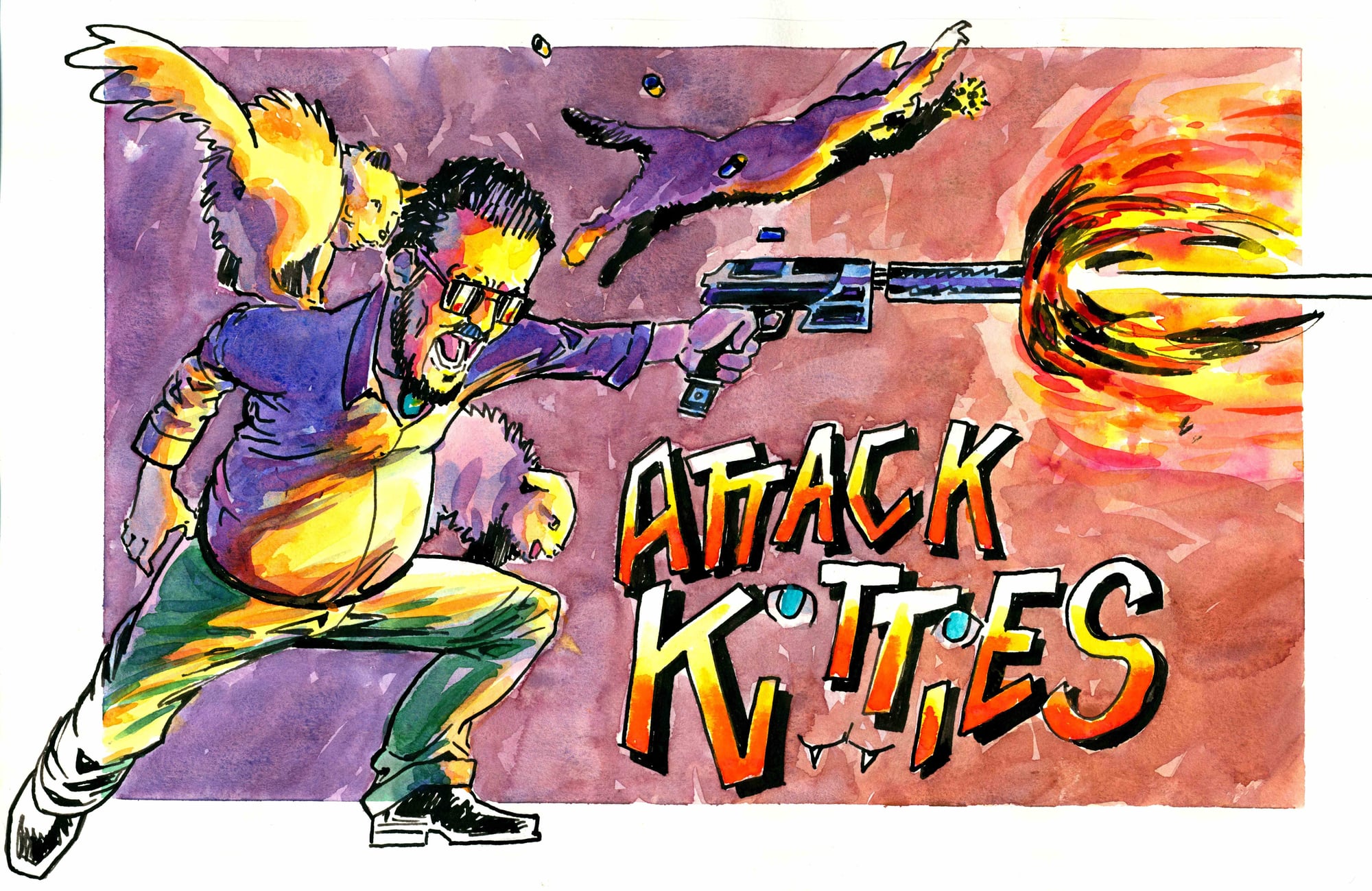 Attack Kitties, 2026 — watercolor cartoon by Ray Patrick