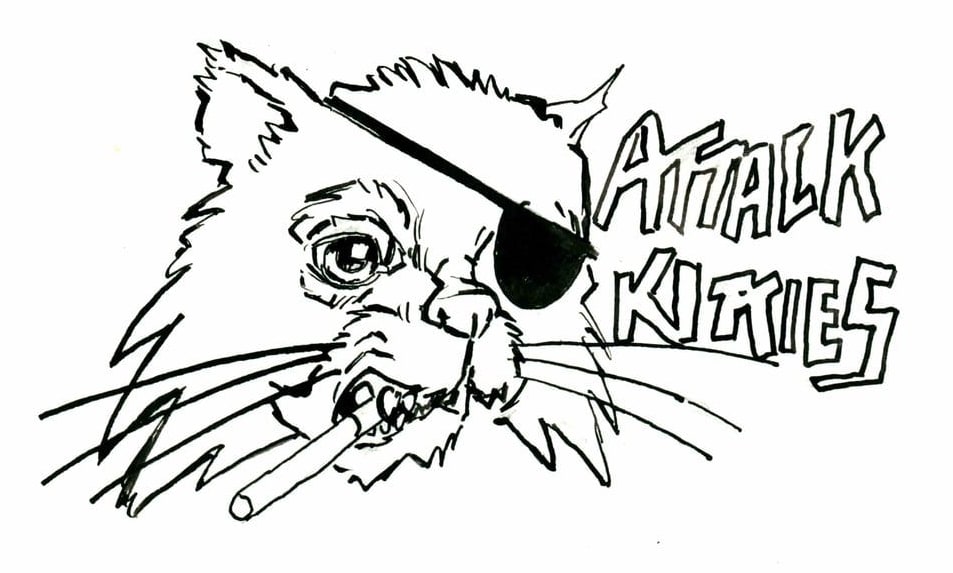 Attack Kitties eyepatch logo, 2026 — ink cartoon by Ray Patrick