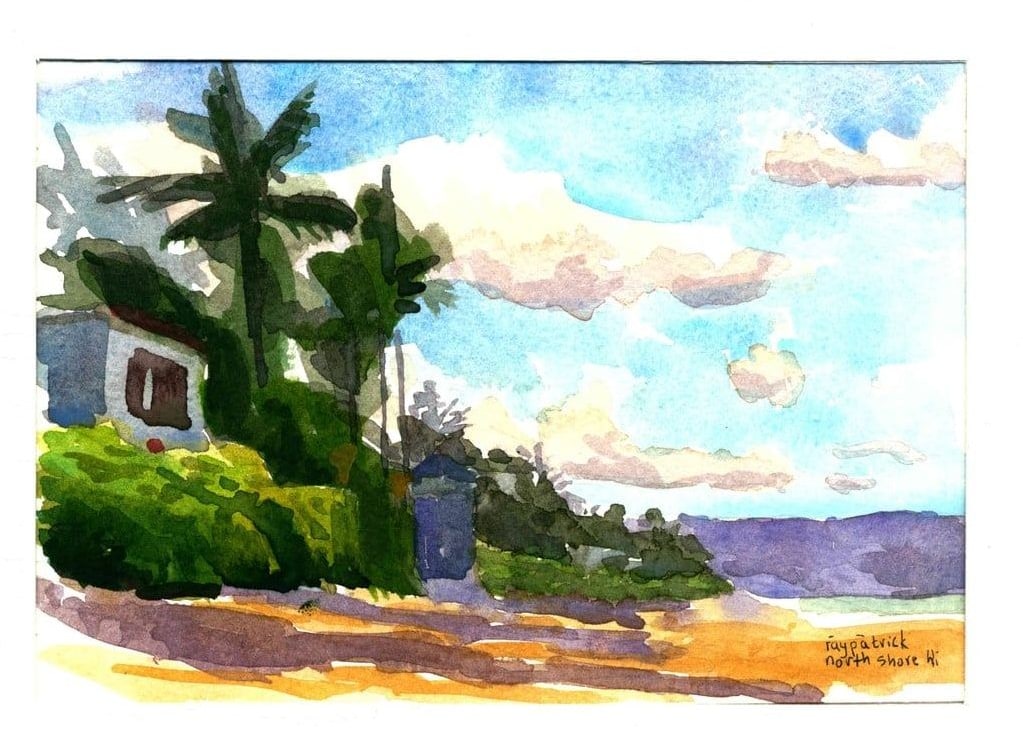 Beach house behind palms on the North Shore, 2026 — watercolor painting by Ray Patrick