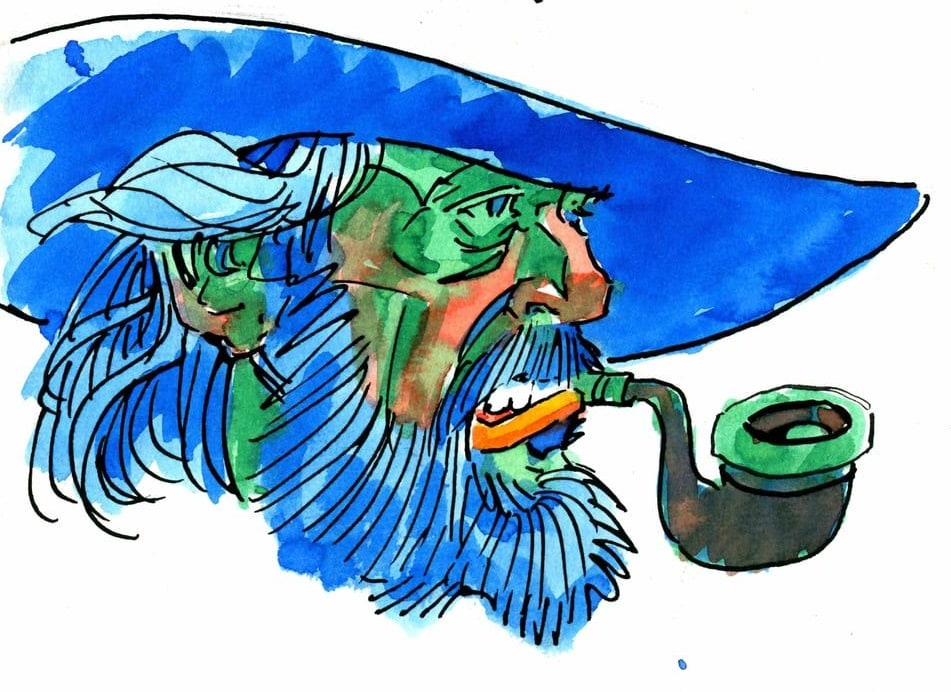 Bearded wizard smoking a long pipe, 2026 — watercolor painting by Ray Patrick