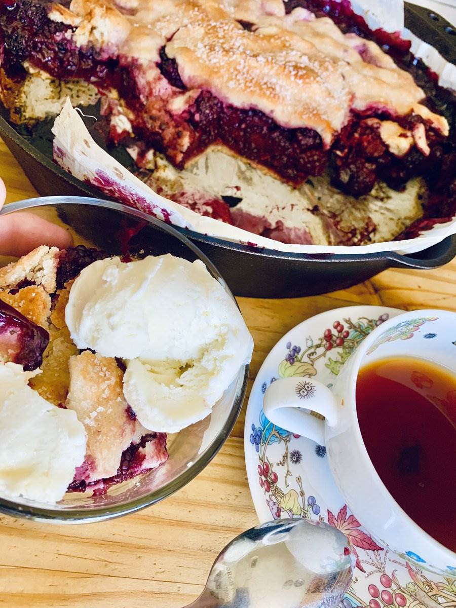 Blackberry pie and ice cream with a cup of tea, 2025 — photograph by Ray Patrick