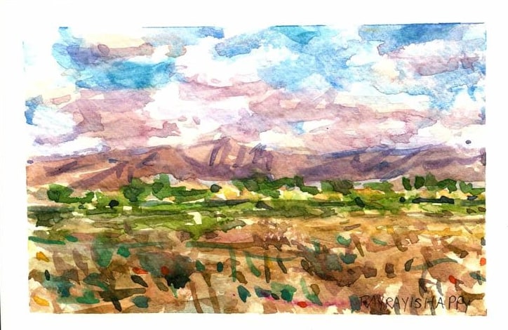 Broad desert valley under a low range, 2026 — watercolor painting by Ray Patrick