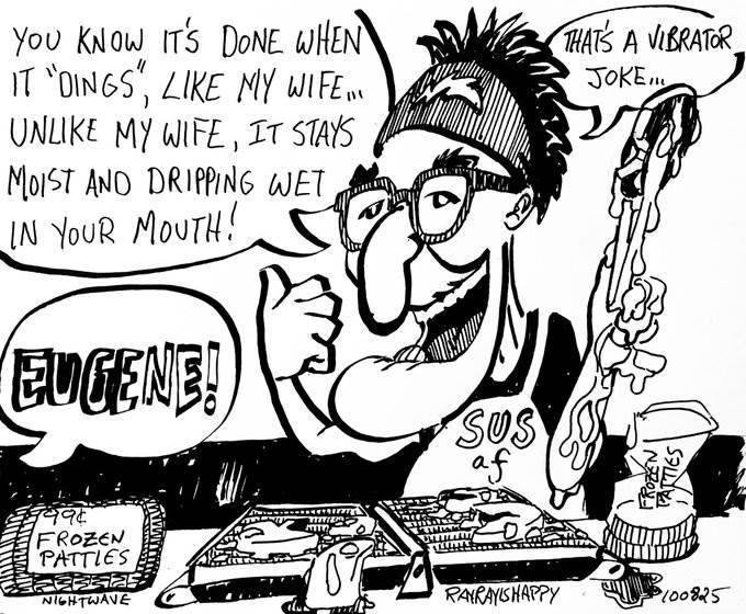 Cartoons, ROTC, Nightwave Radio — ink cartoon by Ray Patrick
