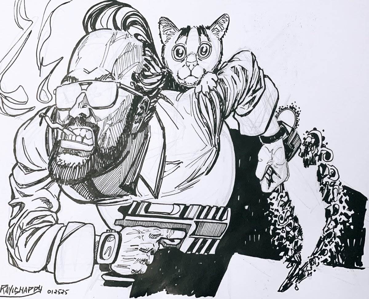 Cat on the shoulder, 2025 — ink cartoon by Ray Patrick