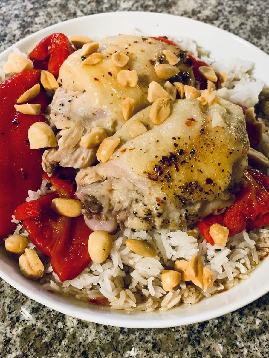 Chicken and roasted peppers over rice with peanuts, 2025 — photograph by Ray Patrick