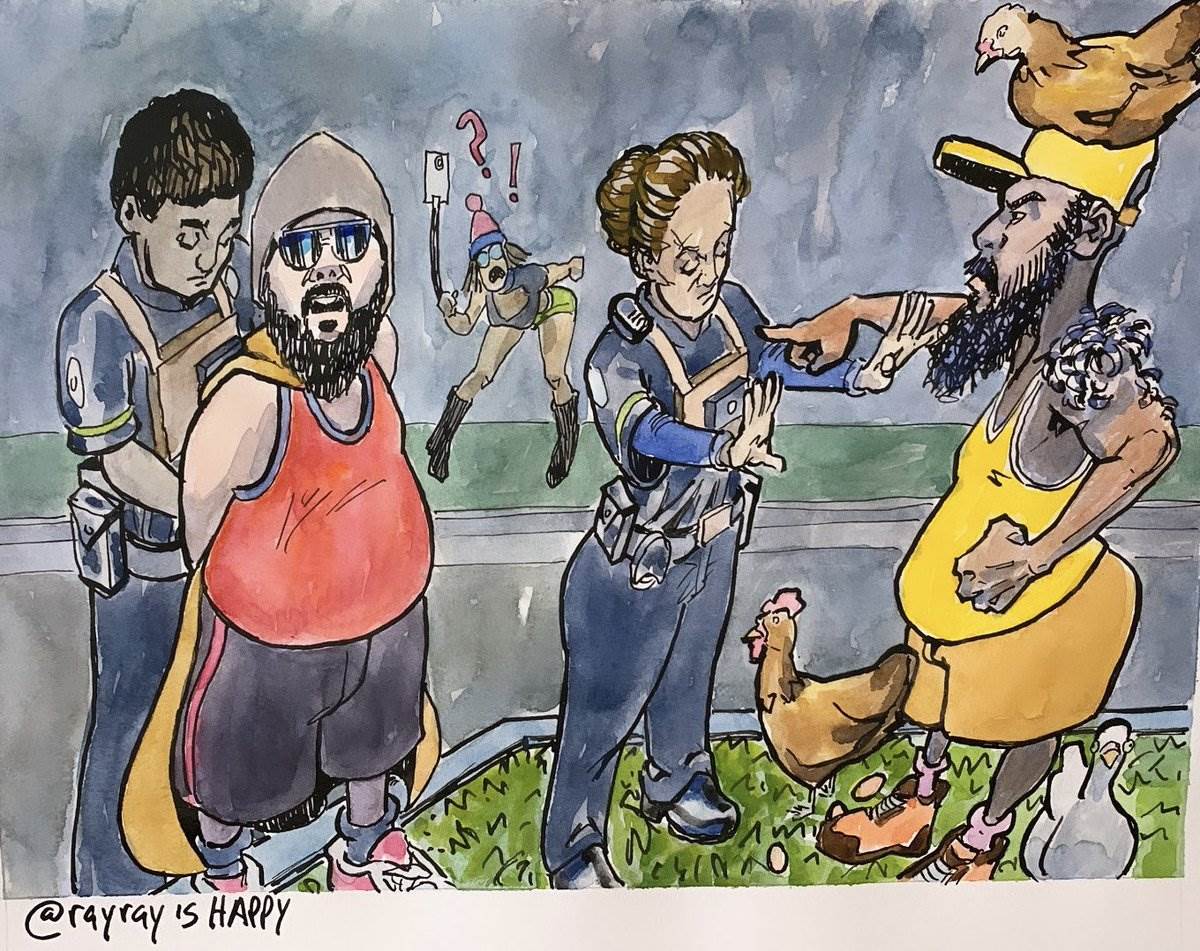 Chicken Attack, 2024 — watercolor cartoon by Ray Patrick