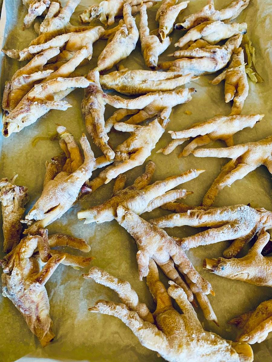 Chicken feet laid out on parchment for stock, 2026 — photograph by Ray Patrick