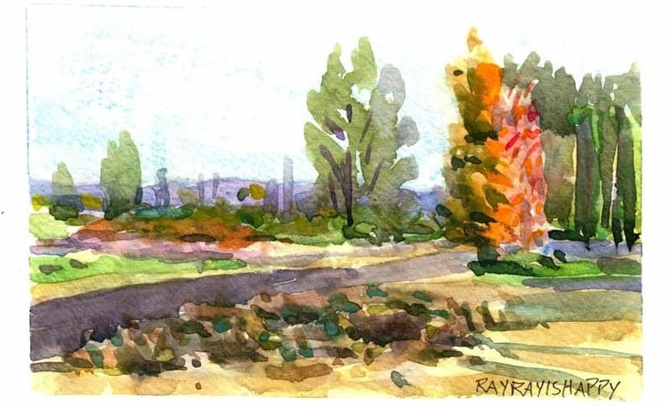 Country road past a single autumn tree, 2026 — watercolor painting by Ray Patrick