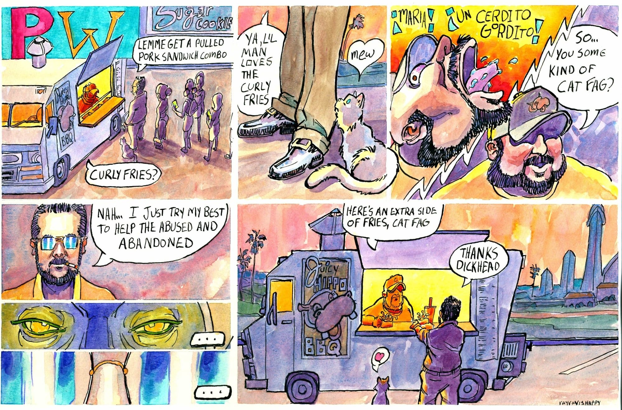 Curly fries, cat fag, 2024 — watercolor cartoon by Ray Patrick