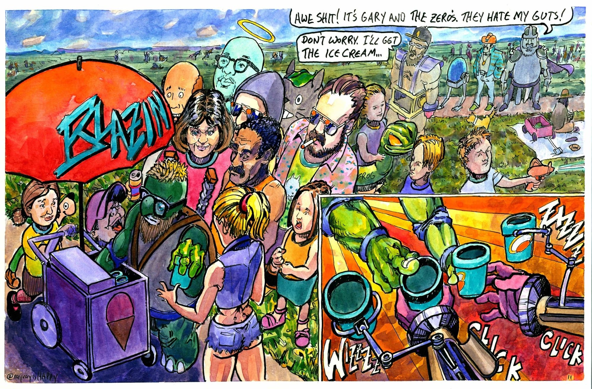 D Tractor, page 11 — the queue at the cart, 2026 — watercolor painting by Ray Patrick