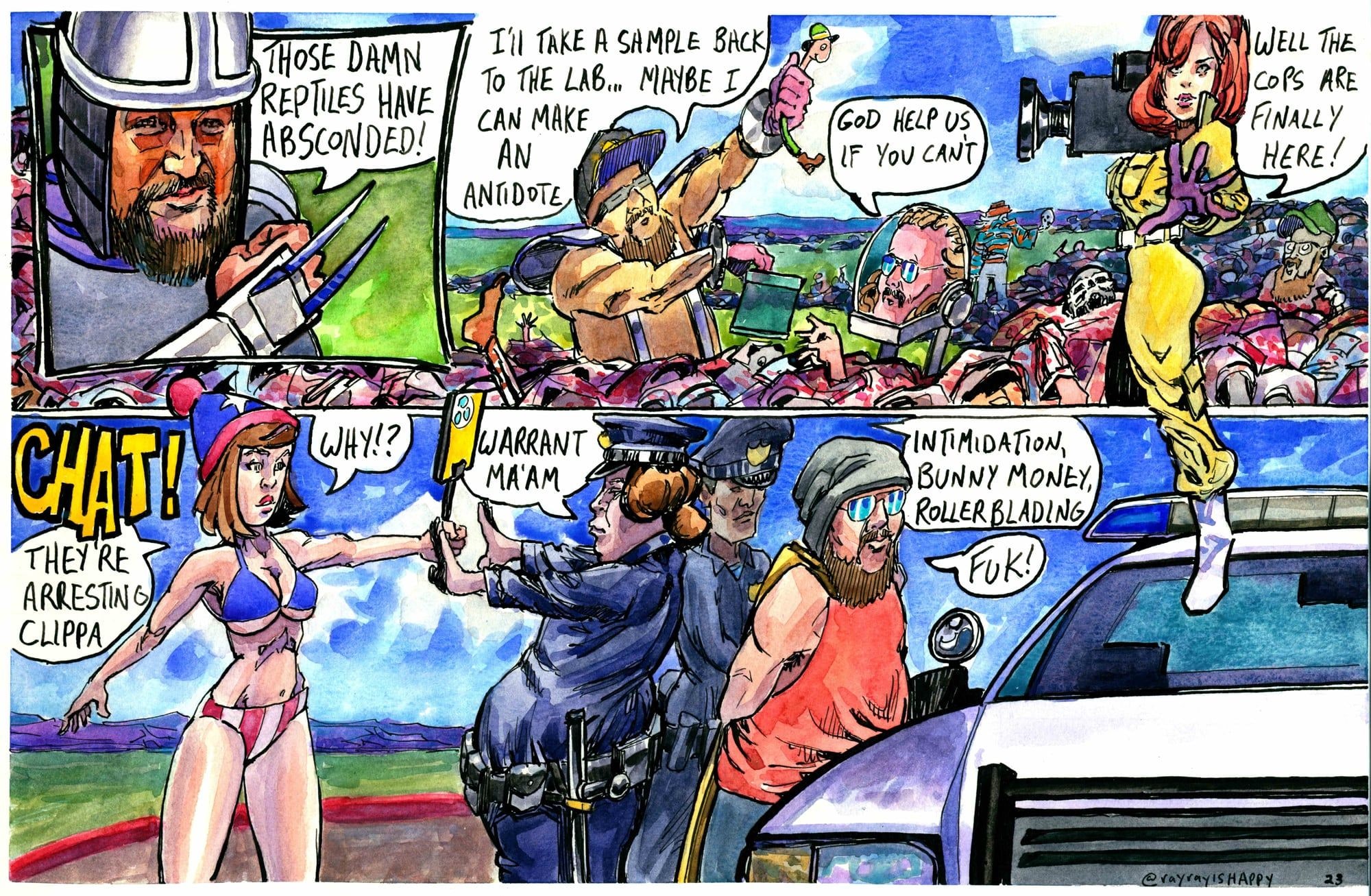 D Tractor, page 23 — they're arresting Clippa, 2026 — watercolor painting by Ray Patrick