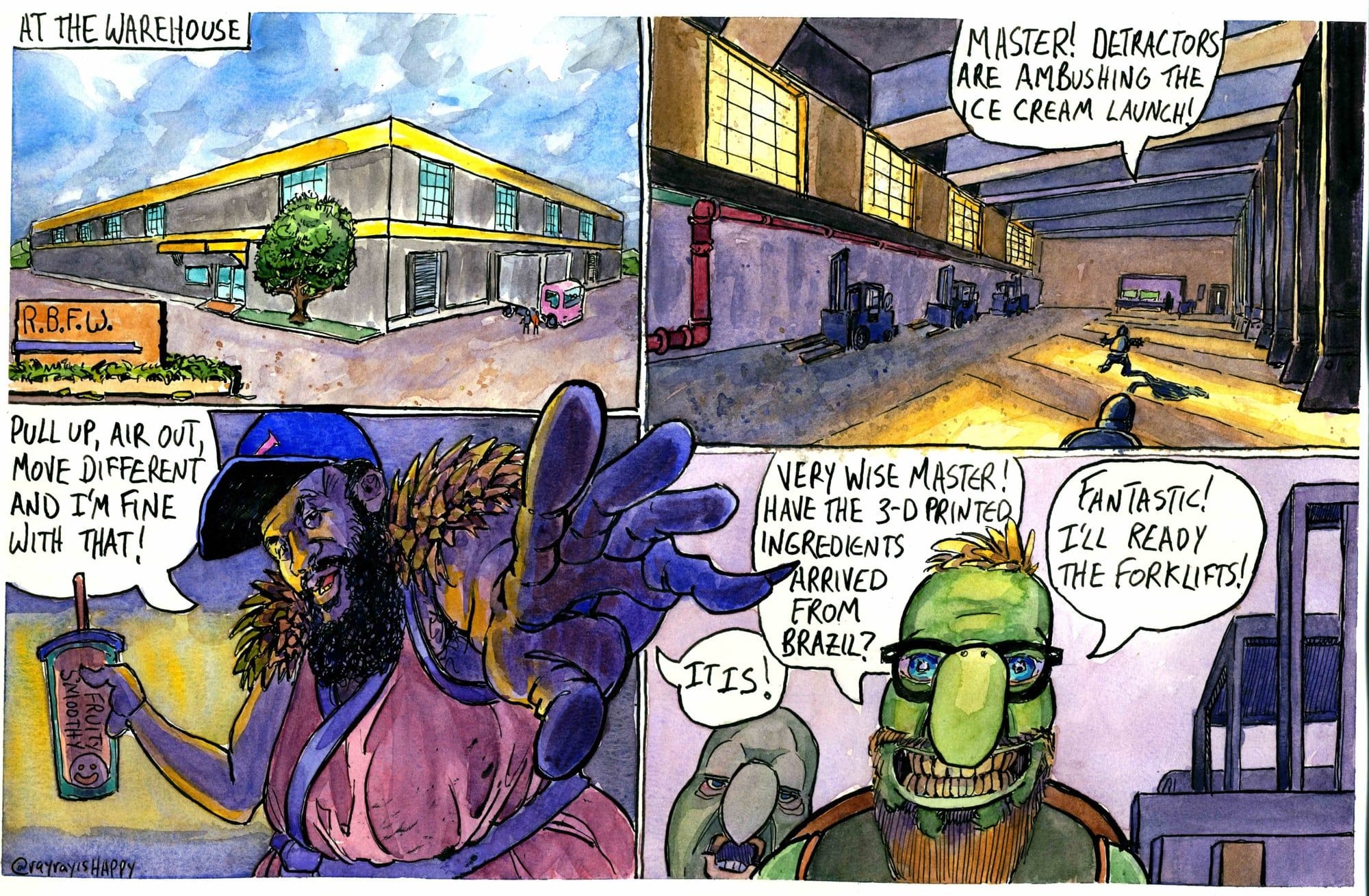 D Tractor, page 5 — at the warehouse, 2026 — watercolor painting by Ray Patrick