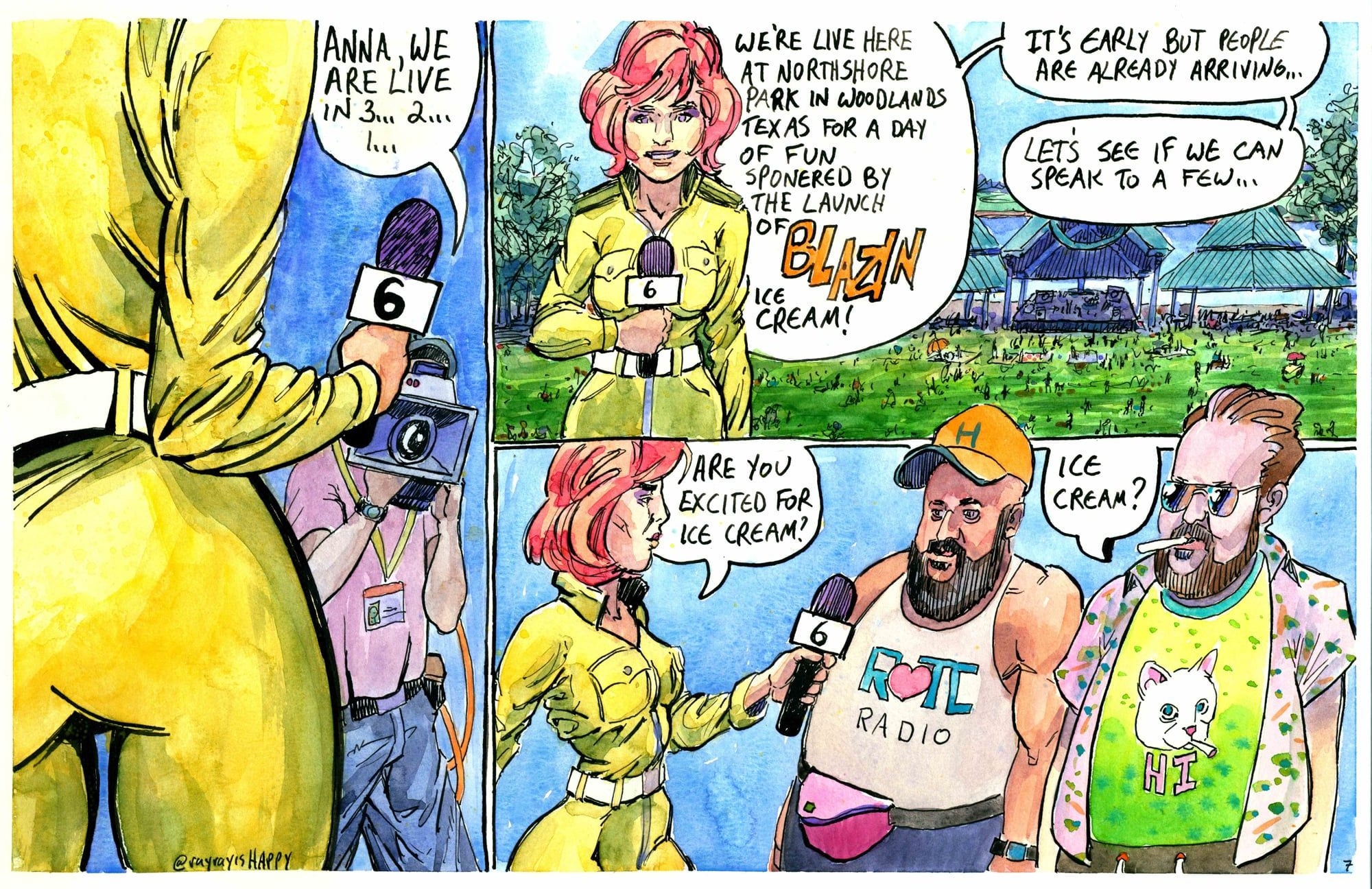 D Tractor, page 7 — Anna goes live, 2026 — watercolor painting by Ray Patrick