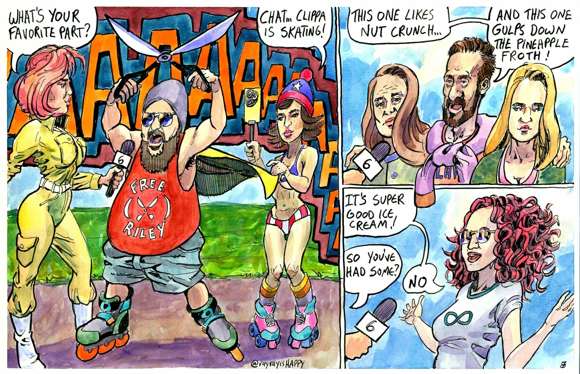 D Tractor, page 8 — Clippa is skating, 2026 — watercolor painting by Ray Patrick
