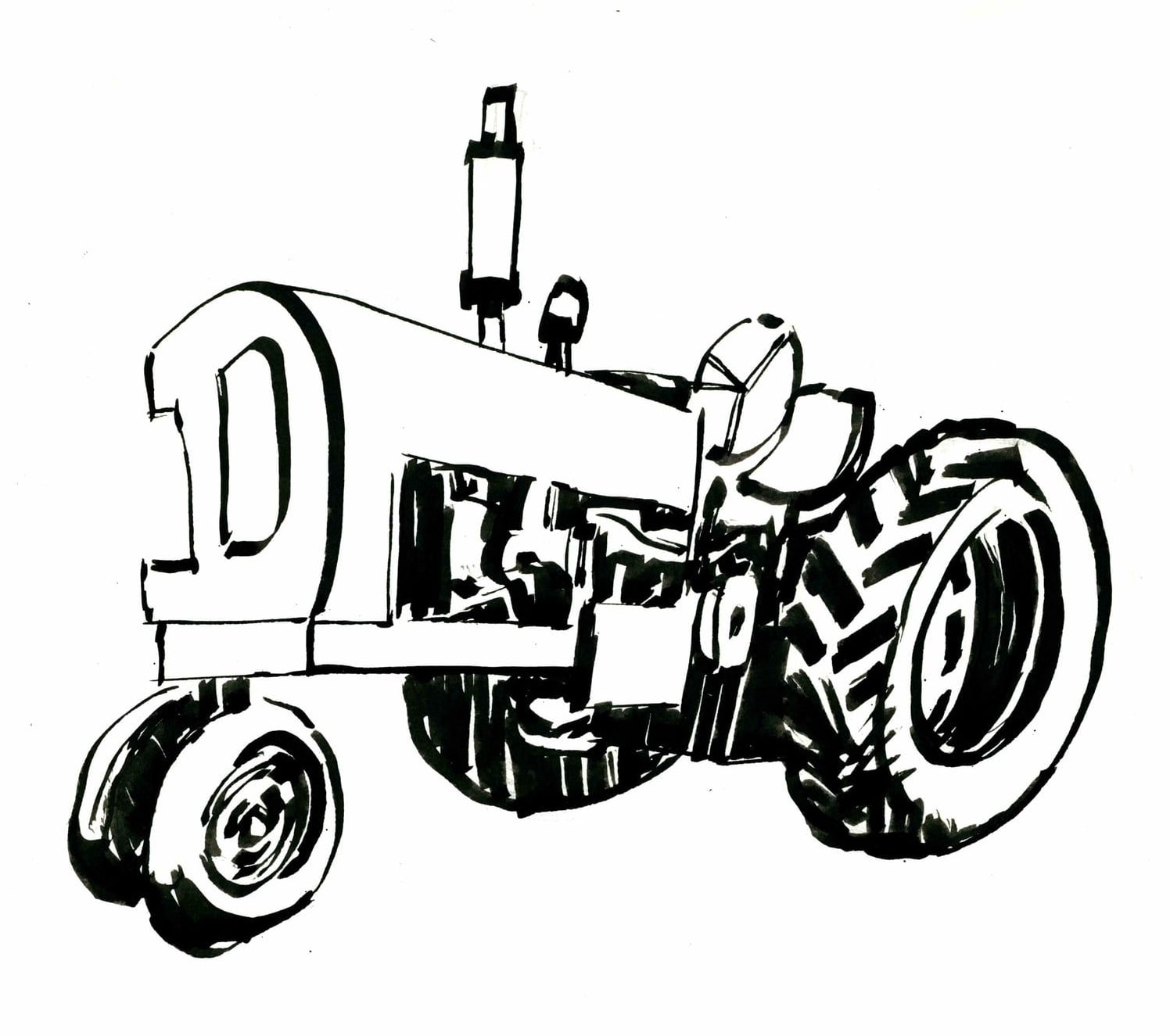D Tractor, the device, 2026 — ink drawing by Ray Patrick