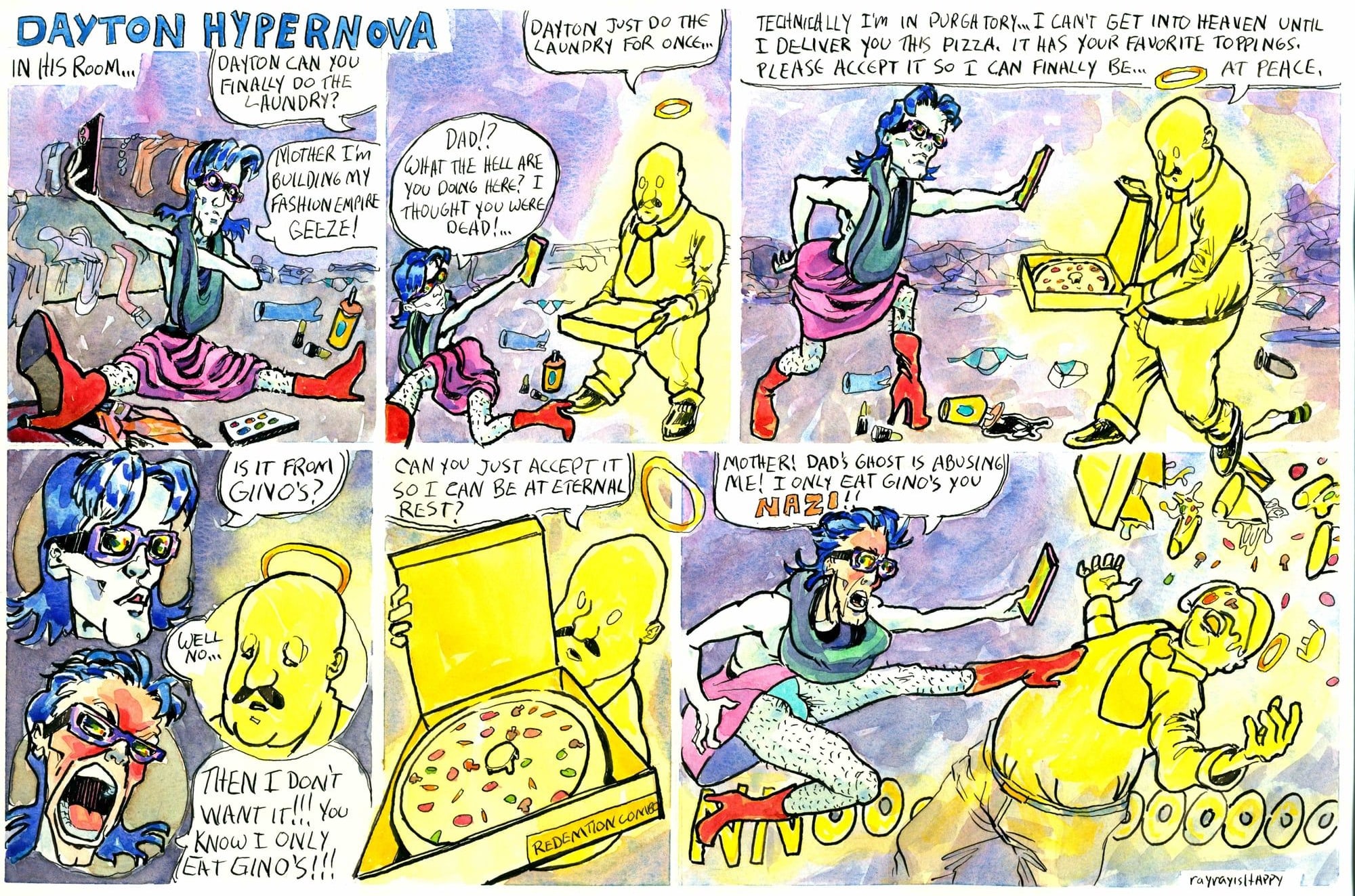 Dad's ghost and the pizza, 2024 — watercolor cartoon by Ray Patrick