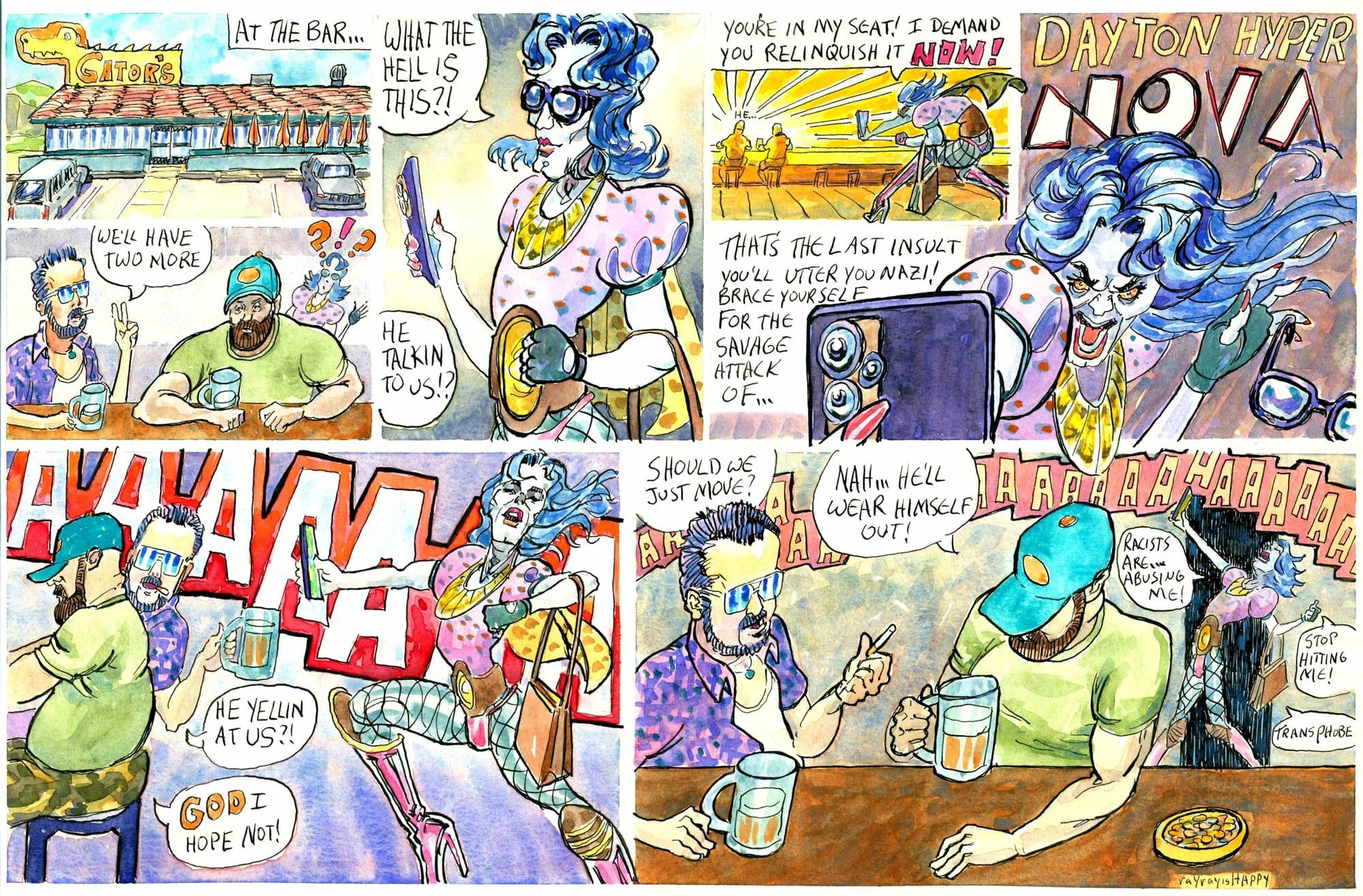 Dayton Hypernova at the bar, 2024 — watercolor cartoon by Ray Patrick