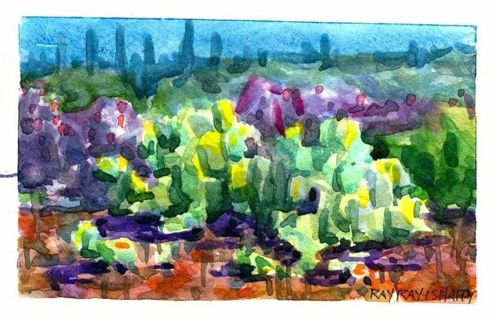 Desert slope with prickly pear and cholla, 2026 — watercolor painting by Ray Patrick