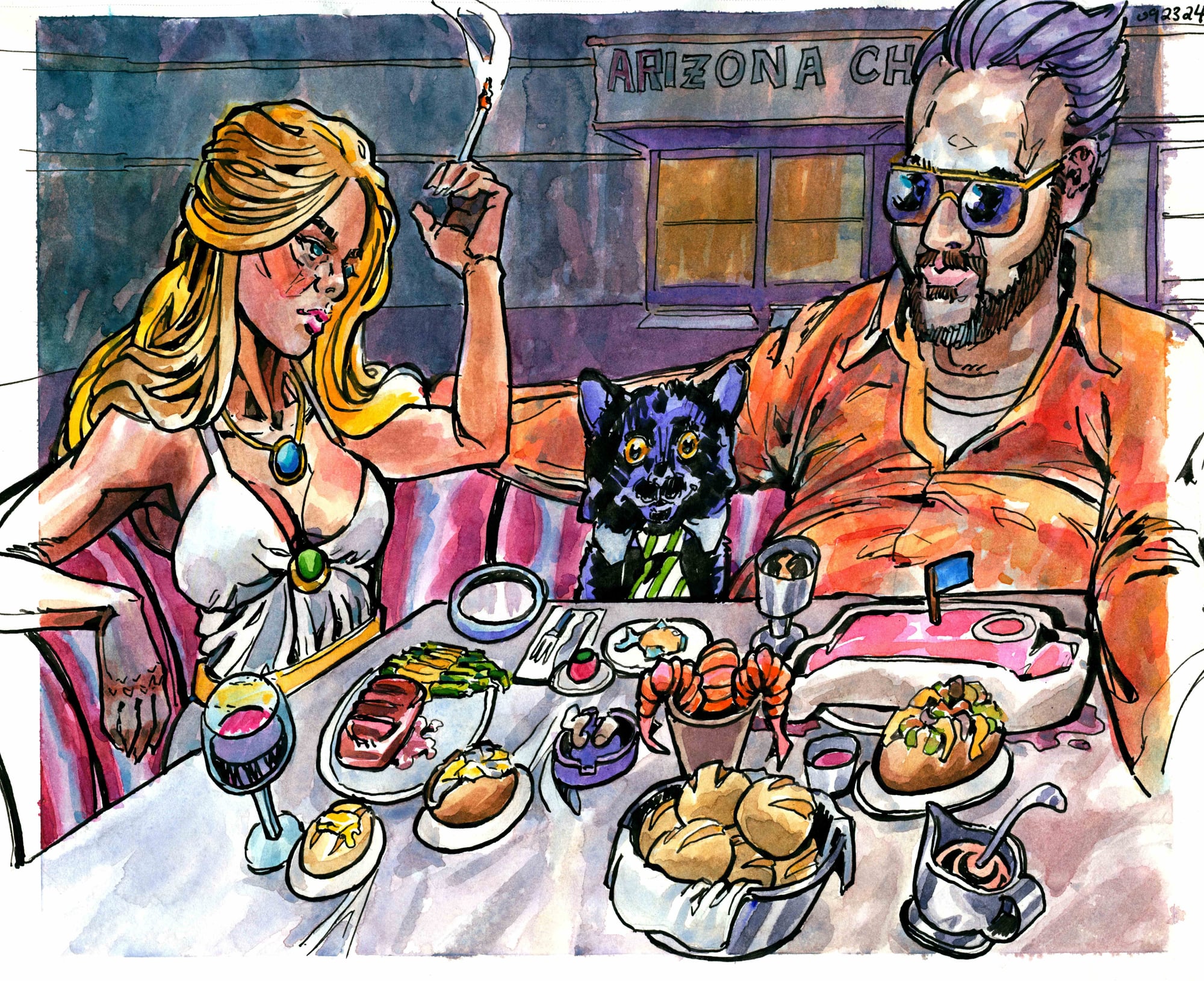 Dinner with the cat, 2026 — watercolor painting by Ray Patrick