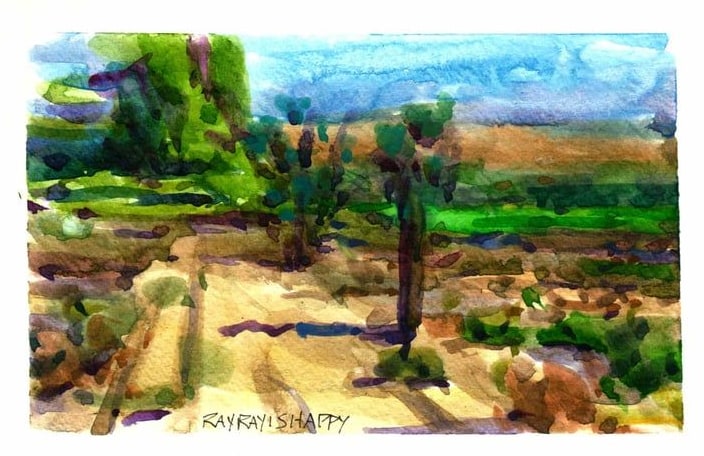 Dirt track through scrub with long shadows, 2026 — watercolor painting by Ray Patrick