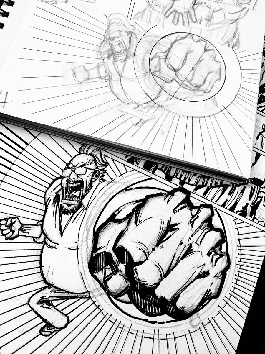Dropping the hammer, 2026 — pencil drawing by Ray Patrick