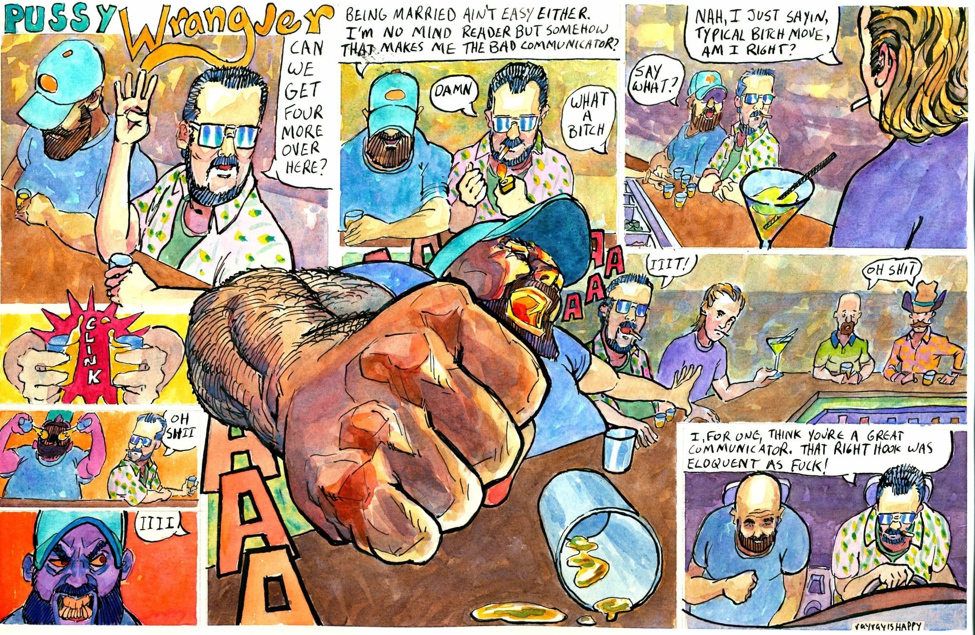 Eloquent as fuck, 2024 — watercolor cartoon by Ray Patrick