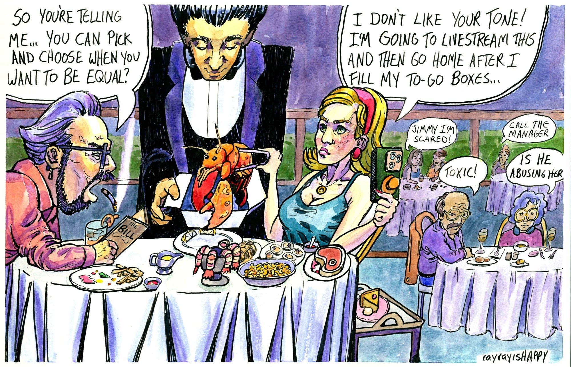 Fill my to-go boxes, 2026 — watercolor cartoon by Ray Patrick