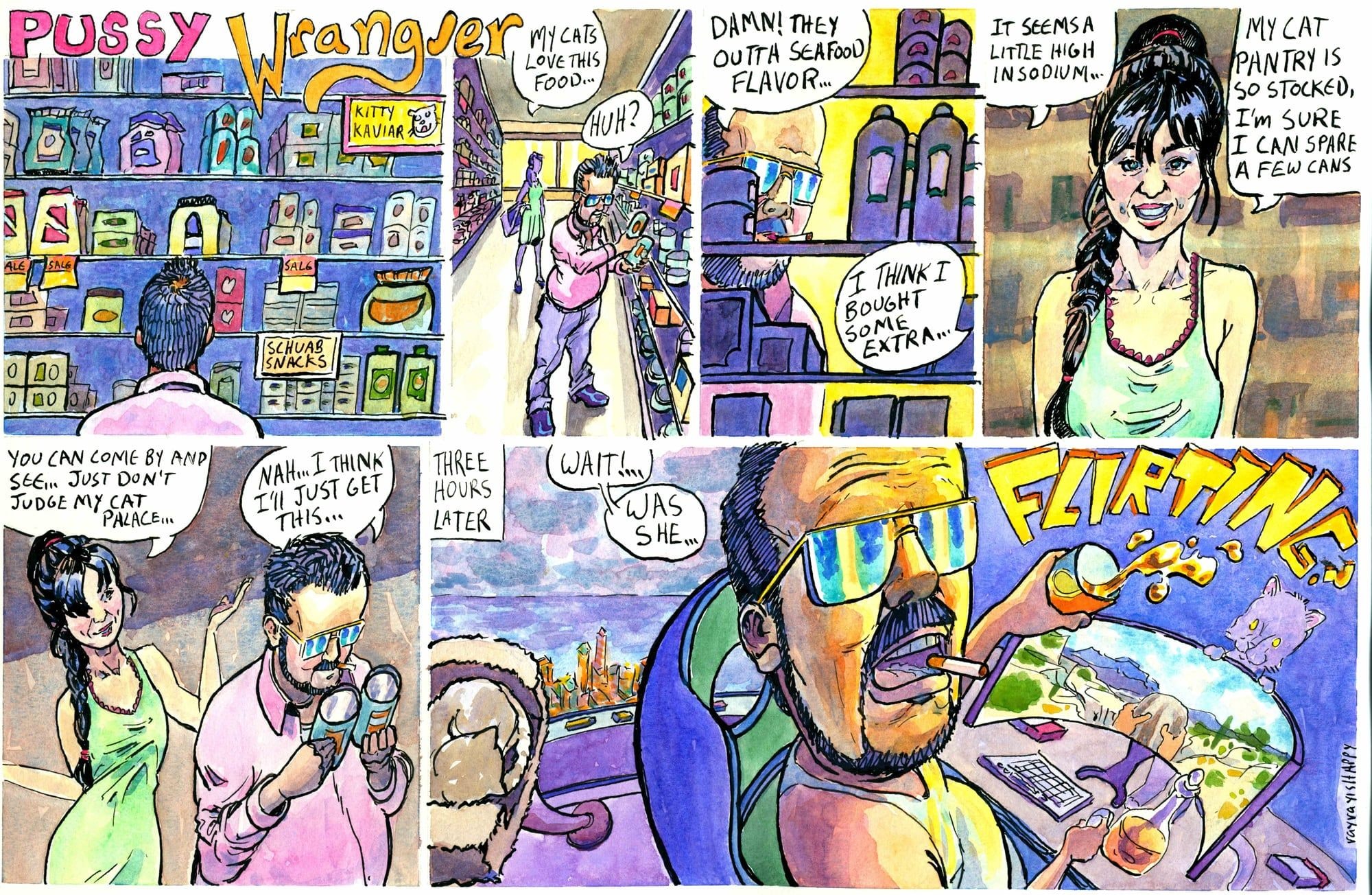 Flirting, 2024 — watercolor cartoon by Ray Patrick