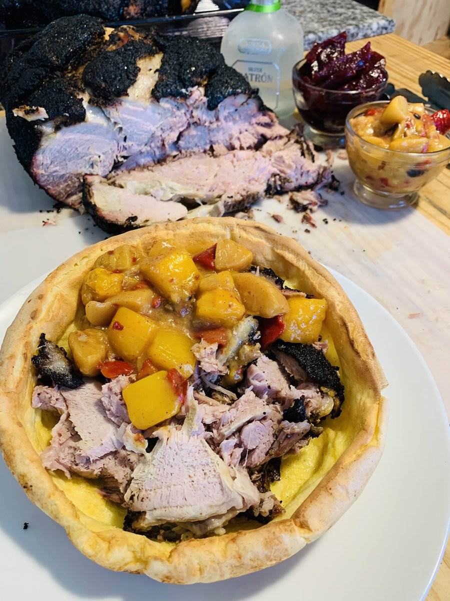 German pancake filled with smoked pork and peach chutney, 2025 — photograph by Ray Patrick