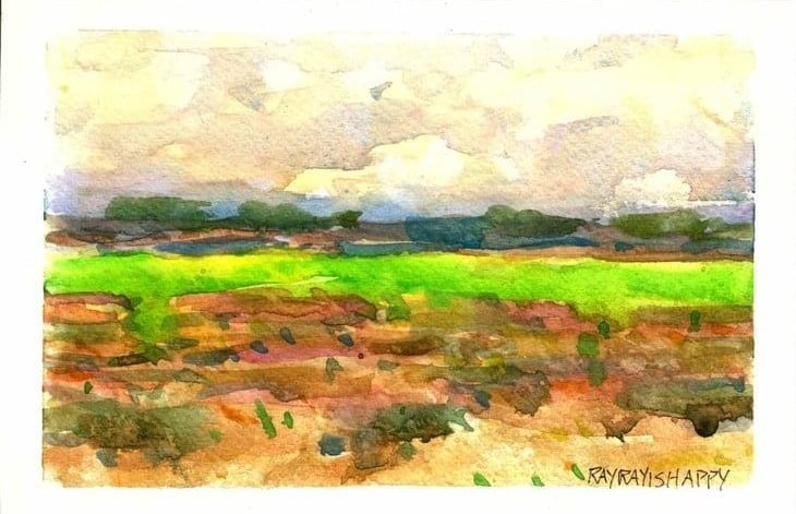 Green pasture strip across a broad plain, 2026 — watercolor painting by Ray Patrick
