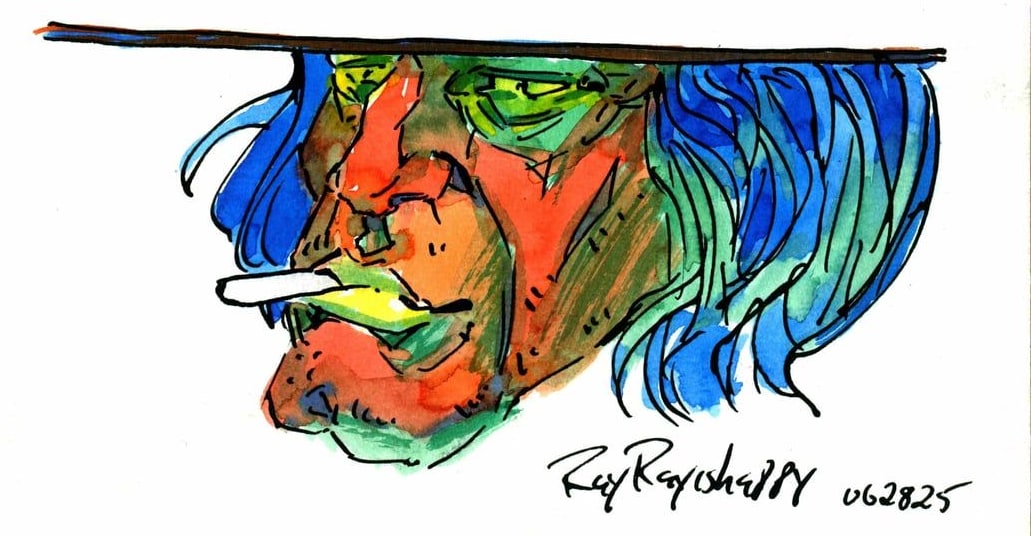 Head in a flat hat with a cigarette, 2026 — watercolor painting by Ray Patrick