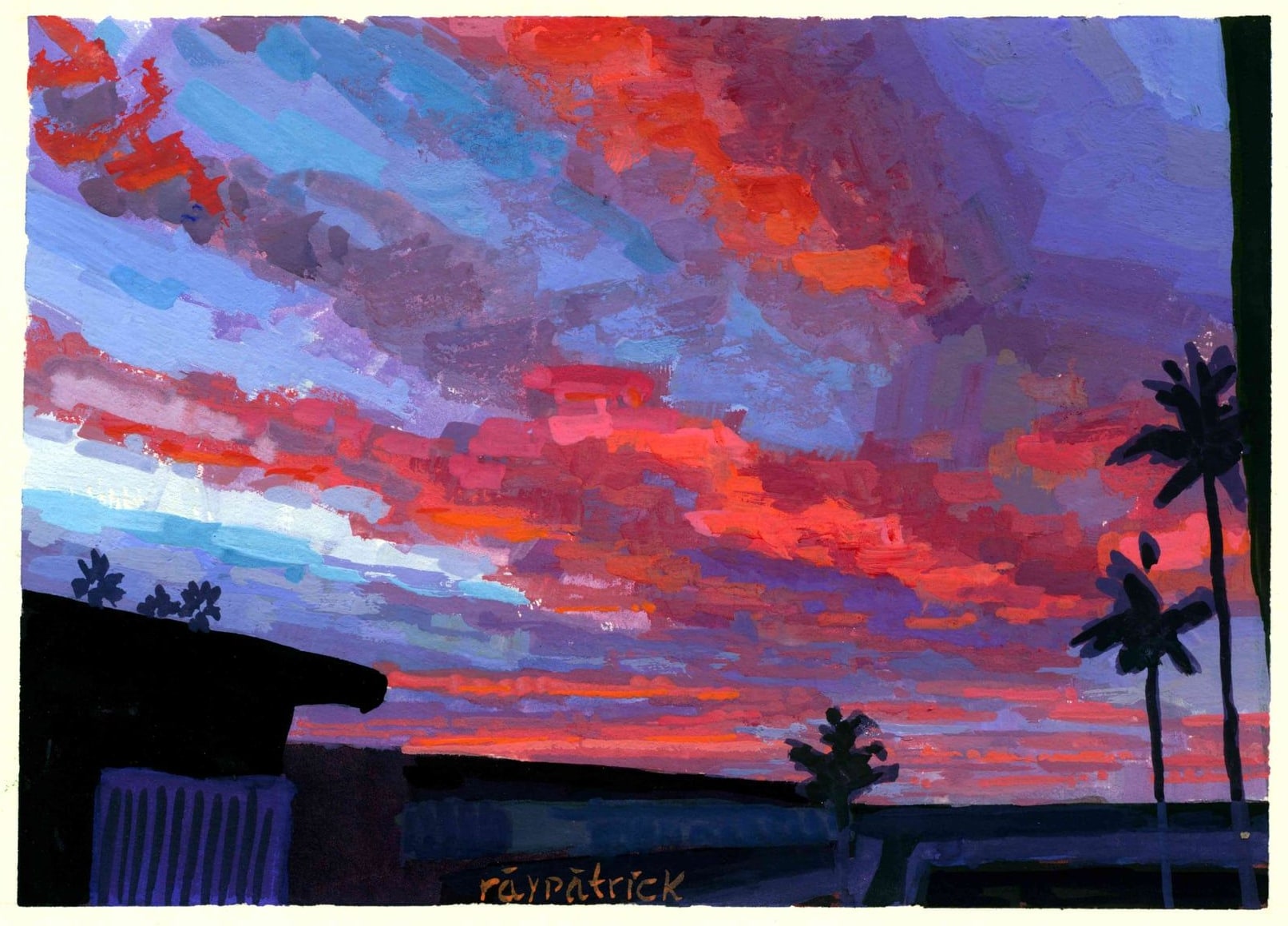 Hermosa Beach Crimson Clouds, 2026 — gouache painting by Ray Patrick