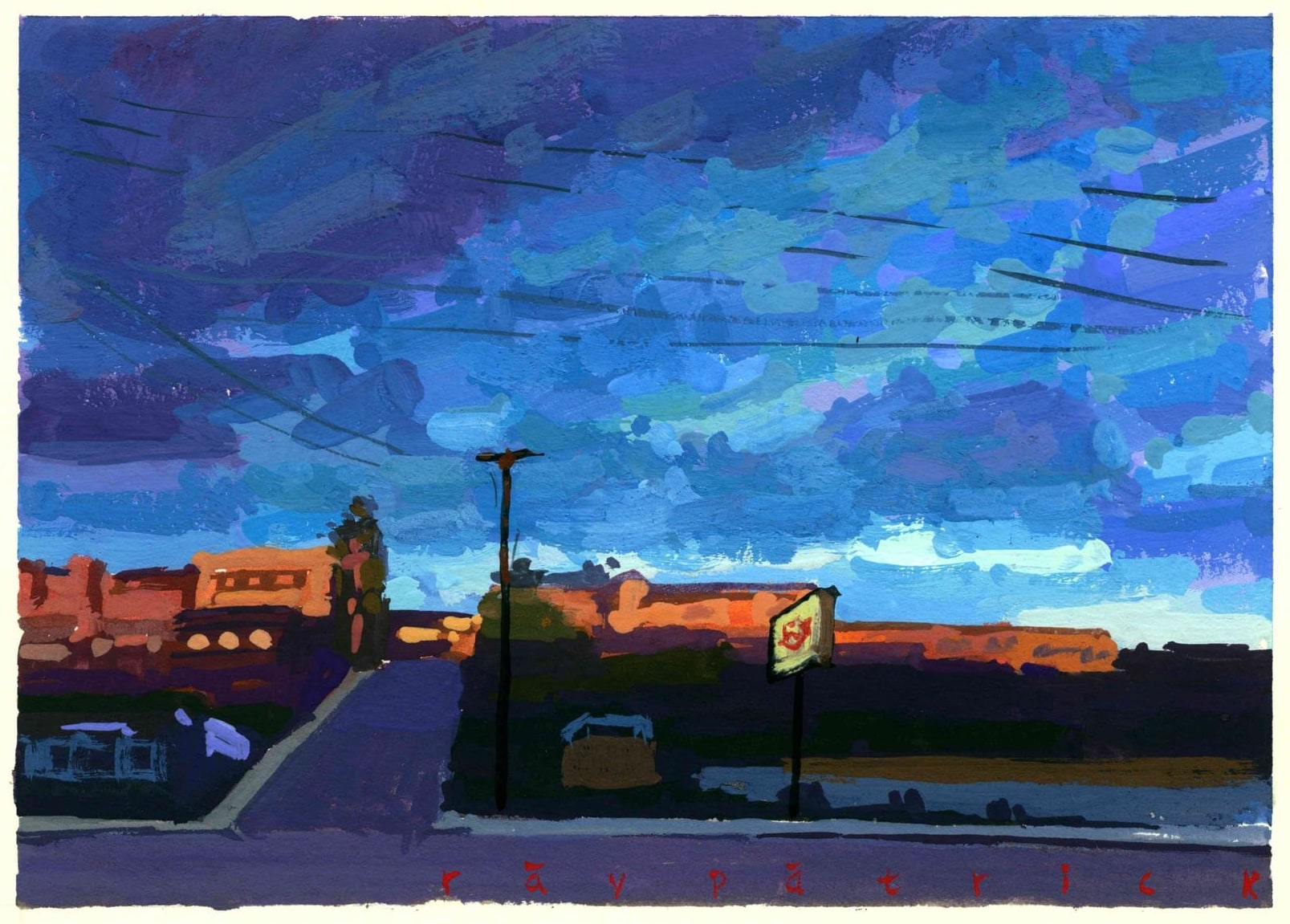 Hermosa Beach Surfshop Sunset, 2026 — gouache painting by Ray Patrick