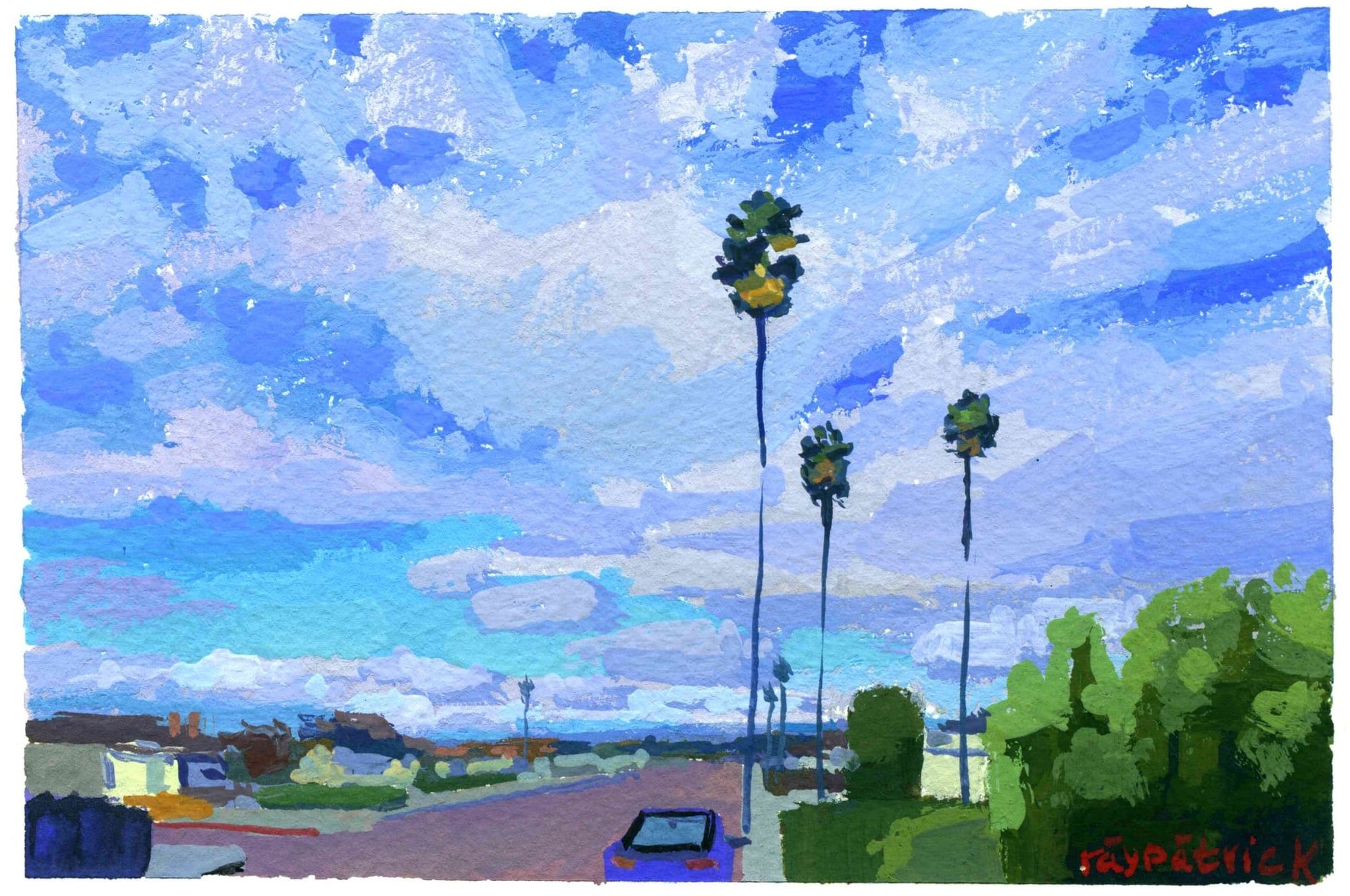 Hermosa Beach Three Palms, 2026 — gouache painting by Ray Patrick
