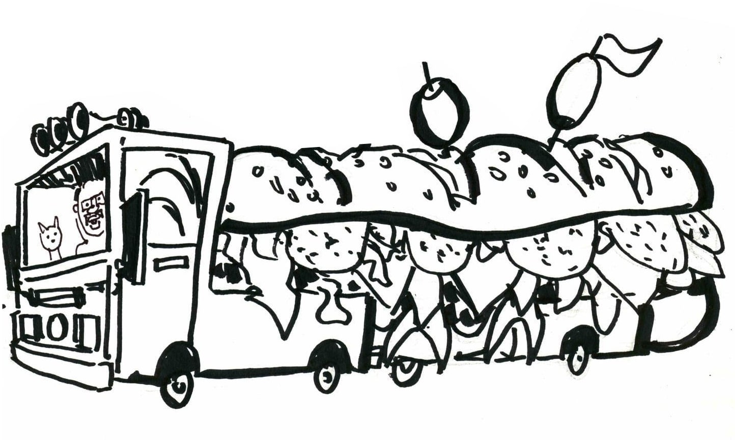 Hot dog bus with a cat at the wheel, 2026 — ink cartoon by Ray Patrick