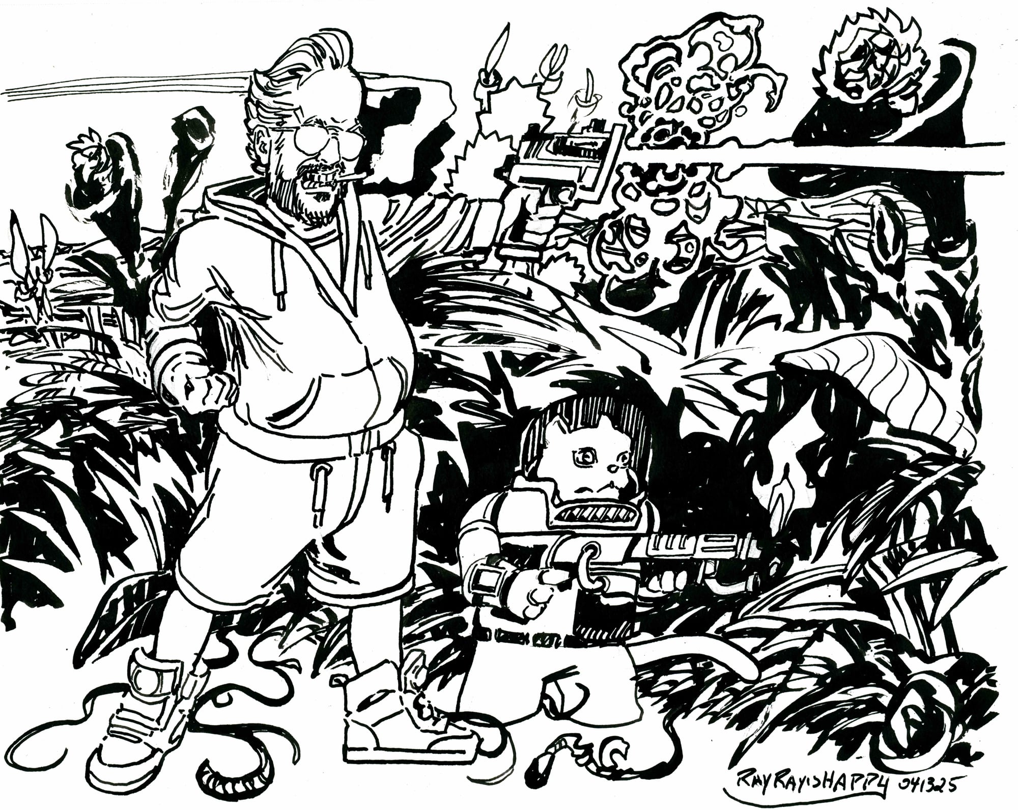 In the plants, 2026 — ink cartoon by Ray Patrick