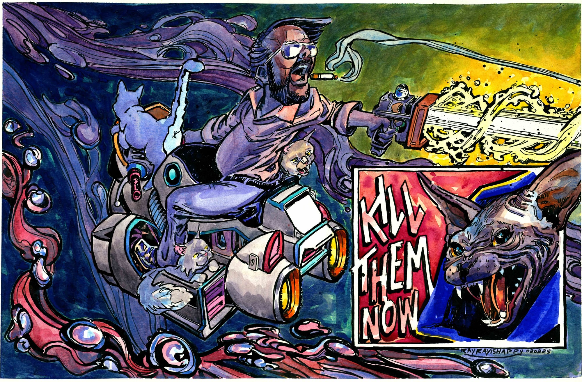 Kill them now, 2026 — watercolor cartoon by Ray Patrick
