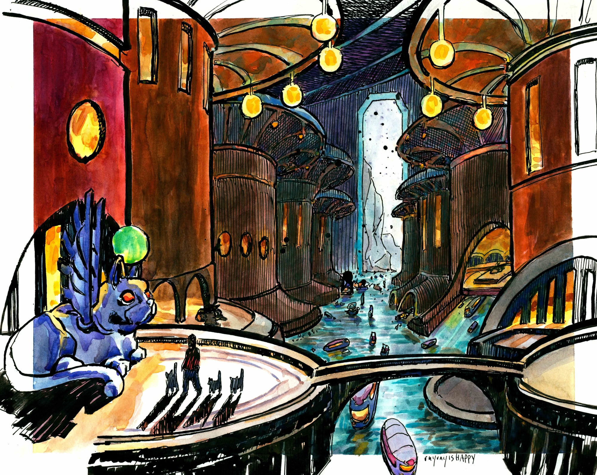 Kitty City by night, 2026 — watercolor cartoon by Ray Patrick