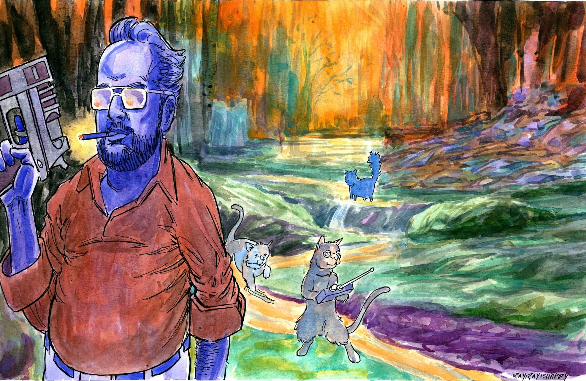 Kitty City cover, 2026 — watercolor cartoon by Ray Patrick