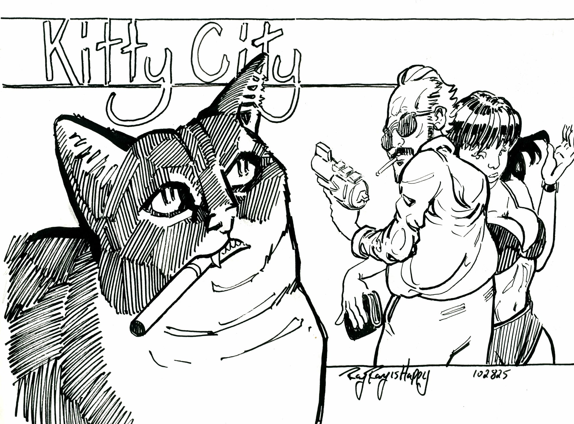 Kitty City, in profile, 2026 — ink cartoon by Ray Patrick