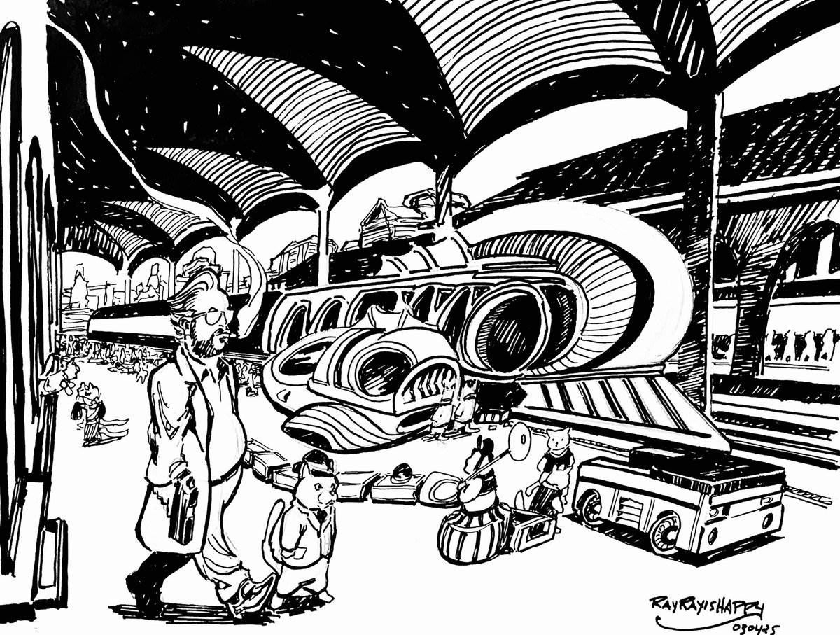 Kitty transit station, 2025 — ink cartoon by Ray Patrick