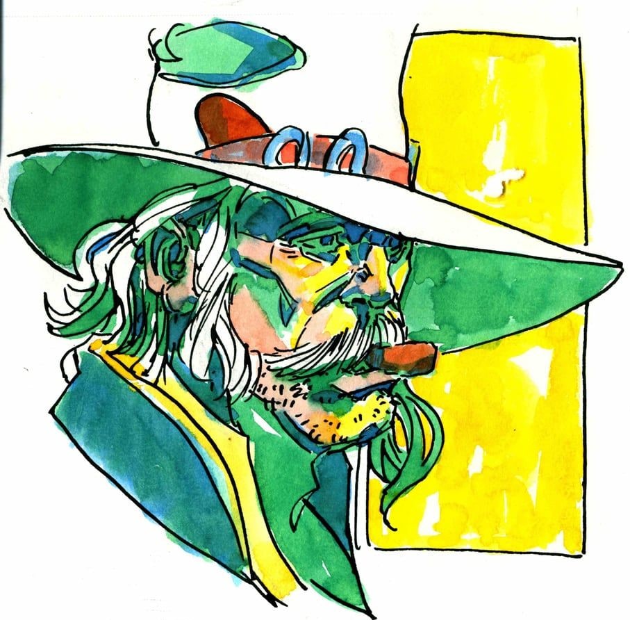 Long-haired man in a wide white hat, 2026 — watercolor painting by Ray Patrick