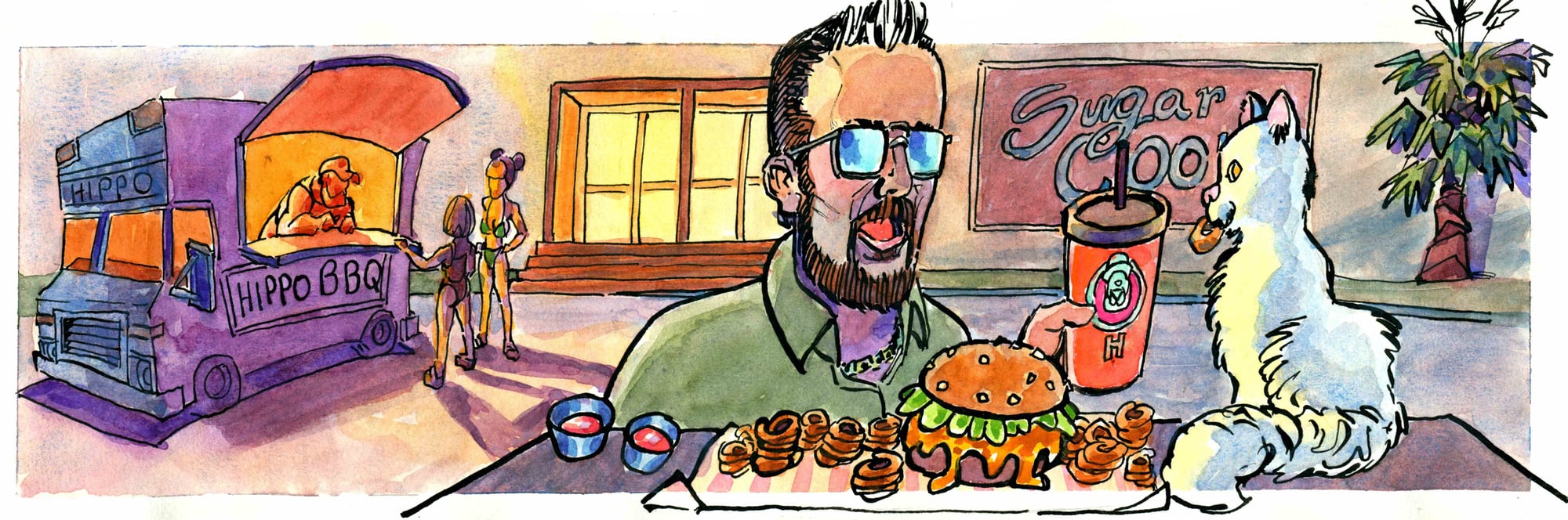 Lunch outside the Sugar Cookie, 2026 — watercolor cartoon by Ray Patrick