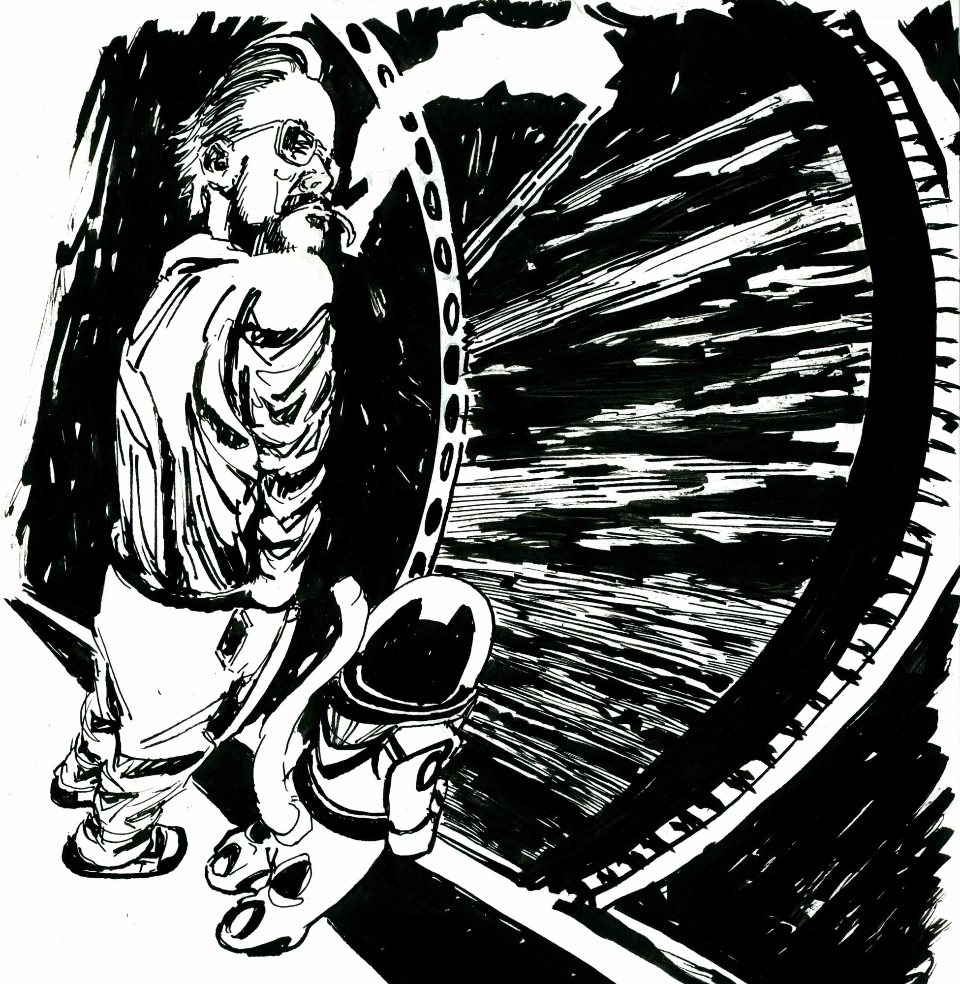 Mersh and the train, 2026 — ink cartoon by Ray Patrick